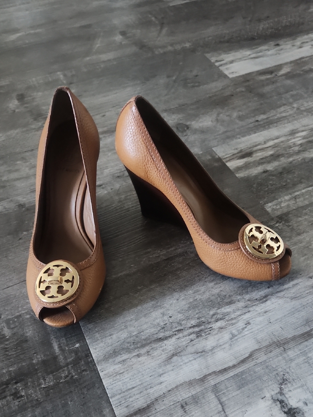 Tory Burch Leather Peep-Toe Wedges